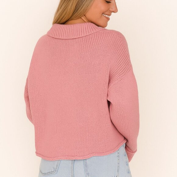 Show Me Your Mumu Crawford Collared Cropped Sweater Pink Knit Size S Cotton - Picture 8 of 10